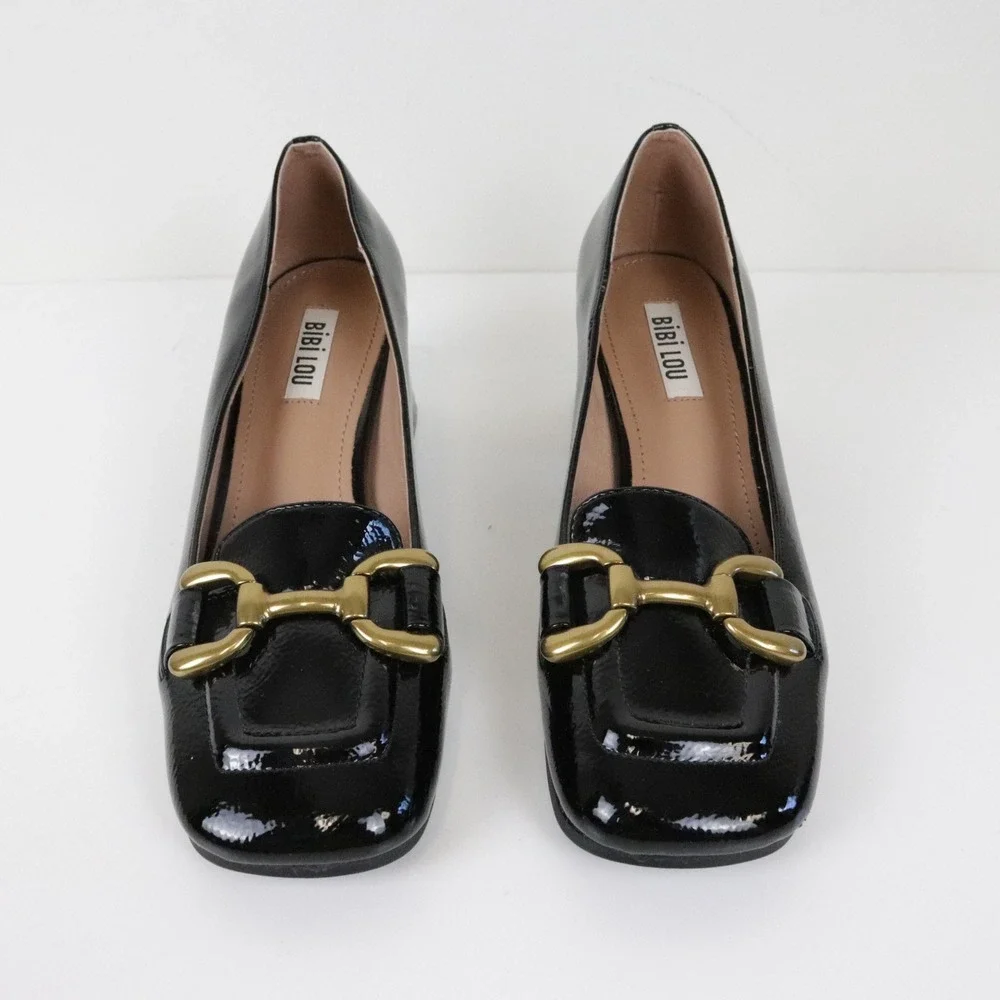 Anthropologie Bibi Lou Valencia Loafer Pumps Heels Black Patent Leather 37 6.5